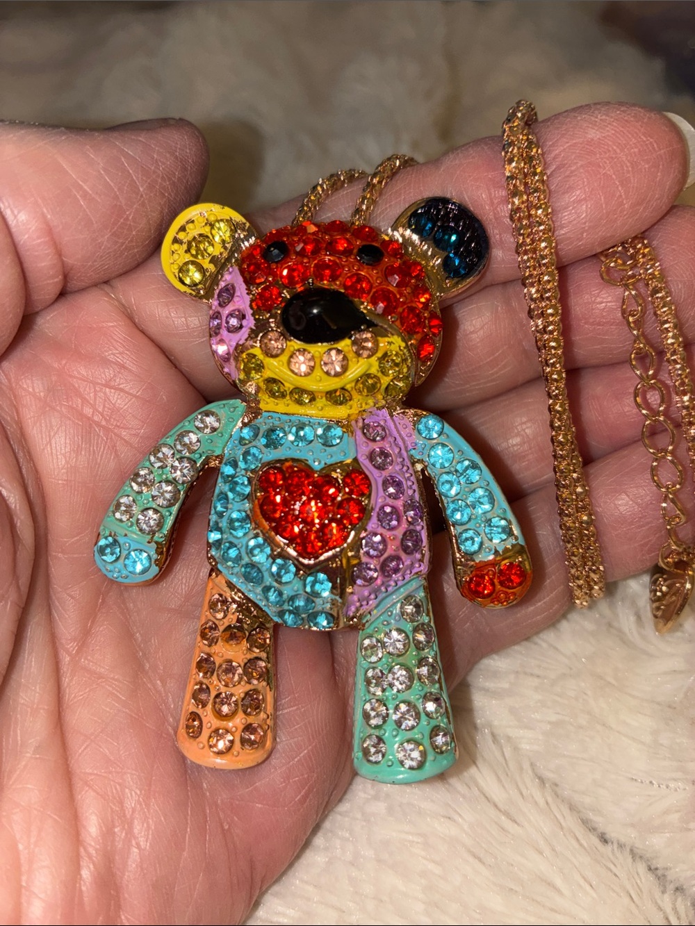 Multicolor Crystal Teddy Bear Pendant Necklace